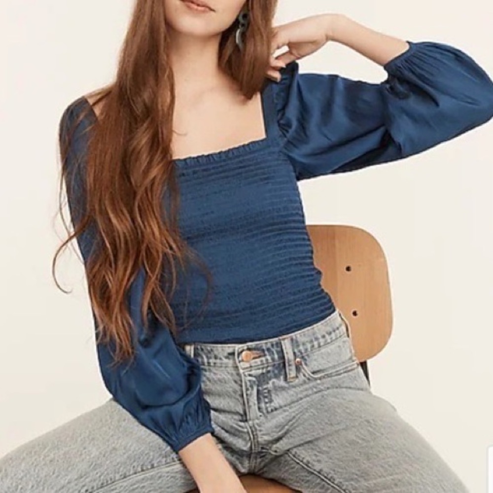 J.Crew satin smocked peasant blouse
